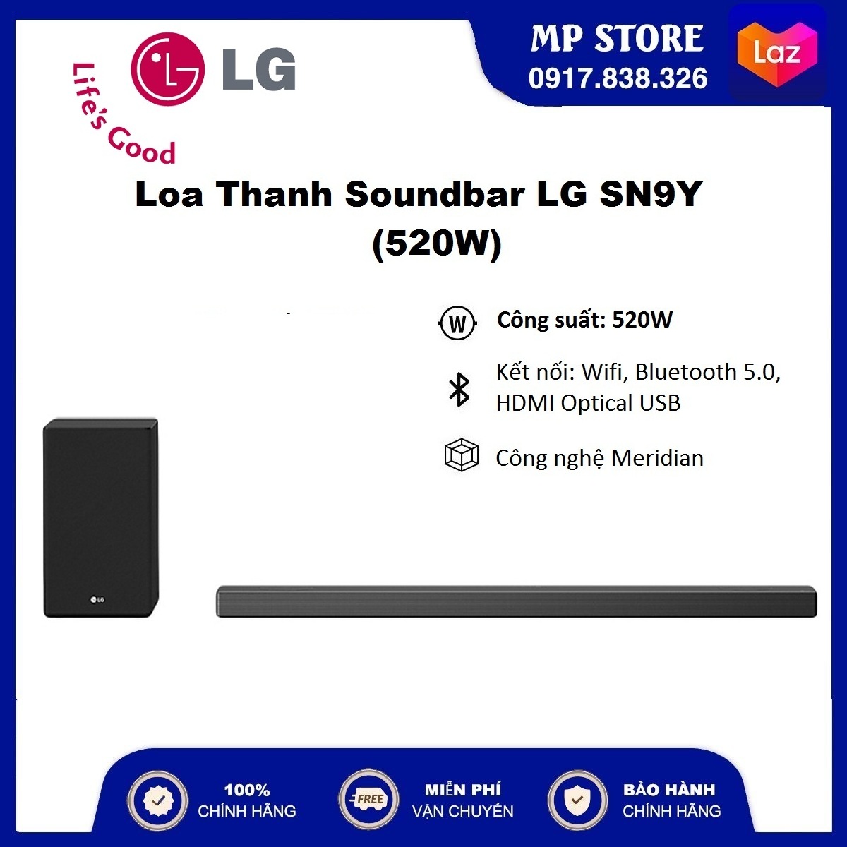 [Trả góp 0% - FREESHIP] Loa Thanh Soundbar LG SN9Y (520W) | Kết nối wifi | Bluetooth 5.0 | Công nghệ Meridian