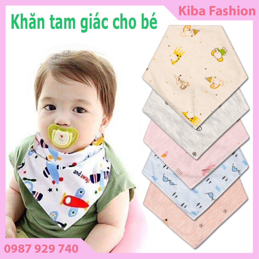 Khăn Tam Giác cúc bấm 2 lớp chất đẹp nhiều màu cho bé Trai và bé Gái ( hình in thay đổi theo lô hàng)