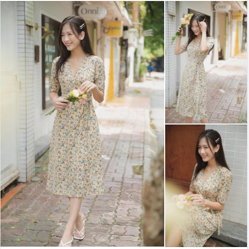 Đầm hoa nhí dáng dài, váy hoa nhí wrap hoạ tiết vàng nâu mùa thu thiết kế tà chéo thắt eo e1089