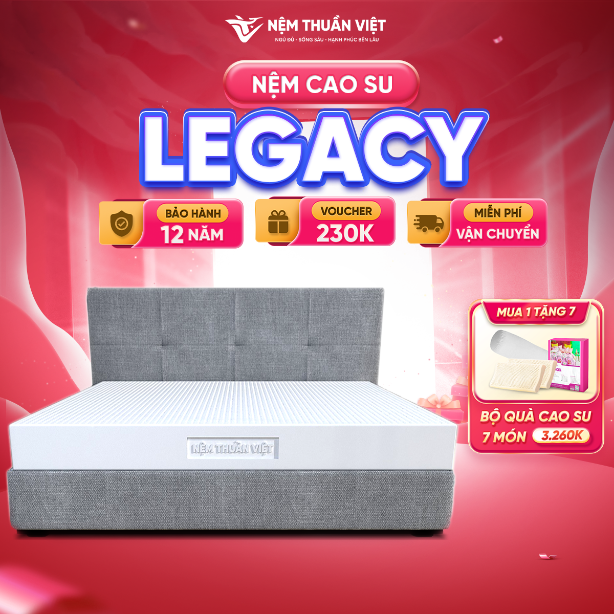 [Sale Cuối Tháng - Voucher 230K, Quà tặng 7 món] Nệm Cao Su Legacy Thuần Việt - Nâng Đỡ Tối Ưu, Thoáng Khí - Bảo Hành 12 năm