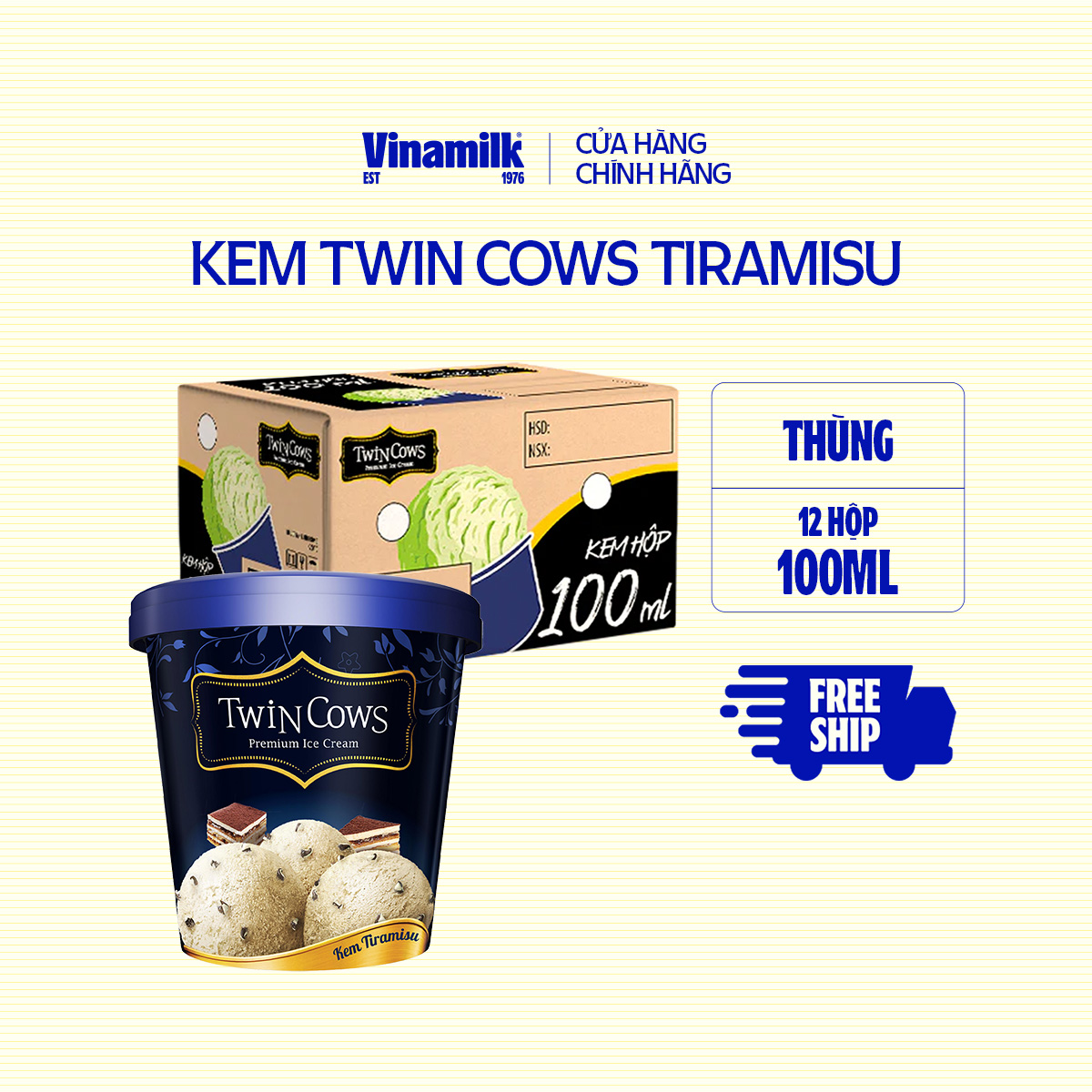 Thùng 12 ly Kem Twin Cows Tiramisu Ly 100ml