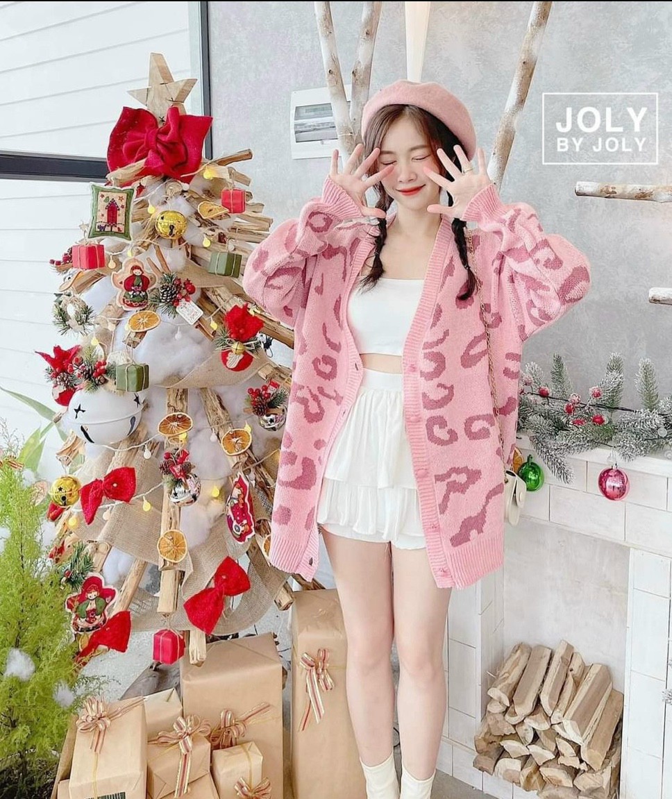 Áo khoác len cardigan nữ dáng dài 5 nút hoạ tiết