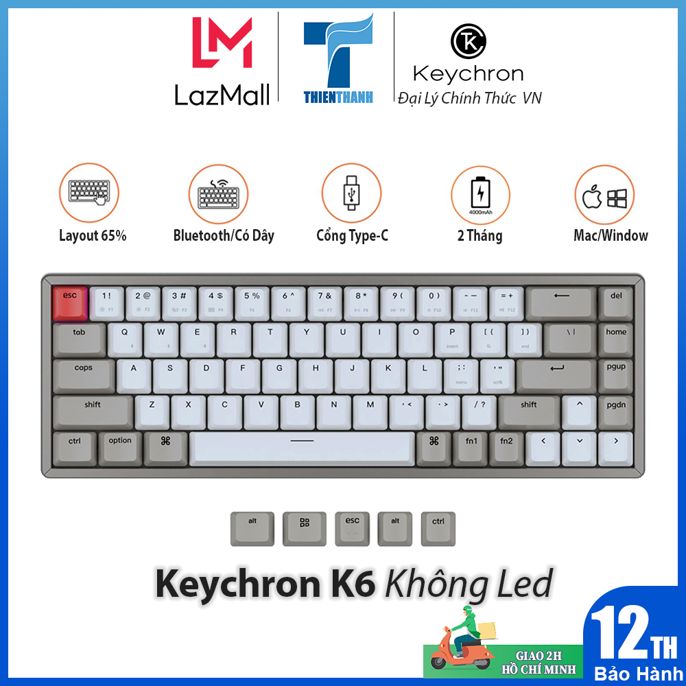 Bàn Phím Cơ Không Dây Keychron K6 Không Led -Hàng Chính Hãng