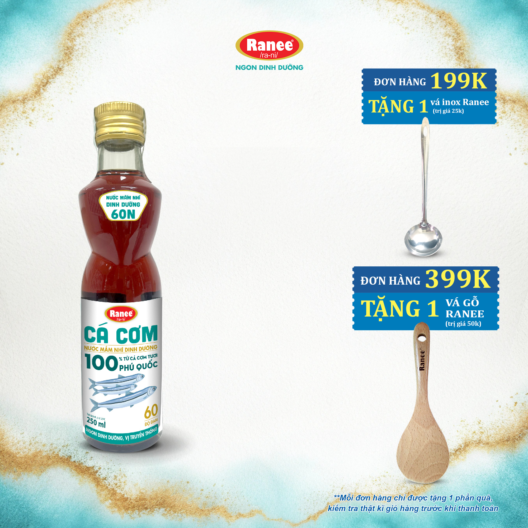 {Đơn 199k tặng vá inox -399k tặng vá gỗ} Nước mắm nhĩ dinh dưỡng Ranee Cá Cơm 60 ĐỘ ĐẠM chai 250ml