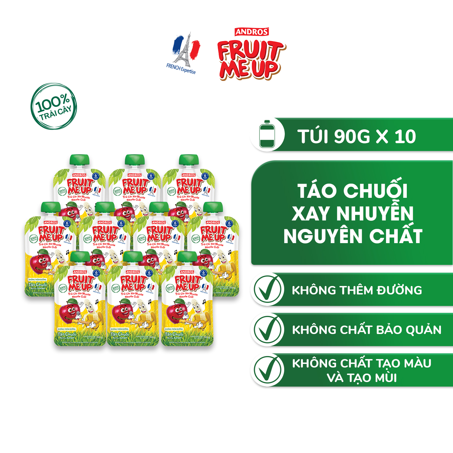 Combo 10 Túi Trái Cây Xay Nhuyễn Vị Táo Chuối - 100% trái cây thật