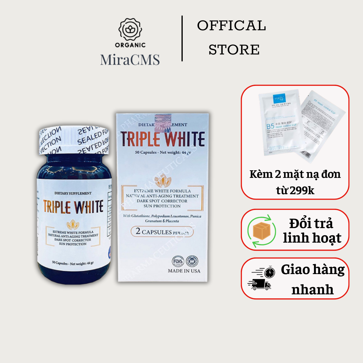 Viên uống Triple White Glutathione 1200 mg hộp 50 viên