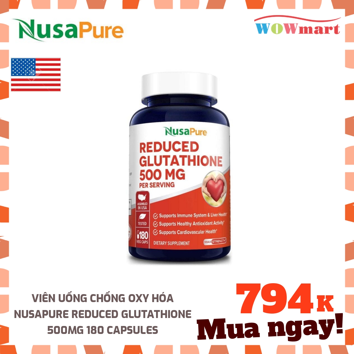 [HCM]Viên uống chống oxy hóa NusaPure Reduced Glutathione 500mg 180 Capsules - [Mỹ]