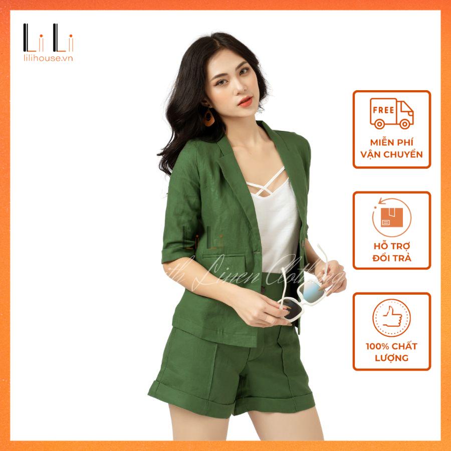 Set Áo Khoác Blazer Nữ Tay Ngắn Quần Short Nữ, Áo Vest Quần Đùi Bộ Màu Xanh Phong Cách Công Sở Mặc Đi Làm Đi Chơi Chất Vải Linen Thoáng Mát Thời Trang - LiLi - Thời trang Linen