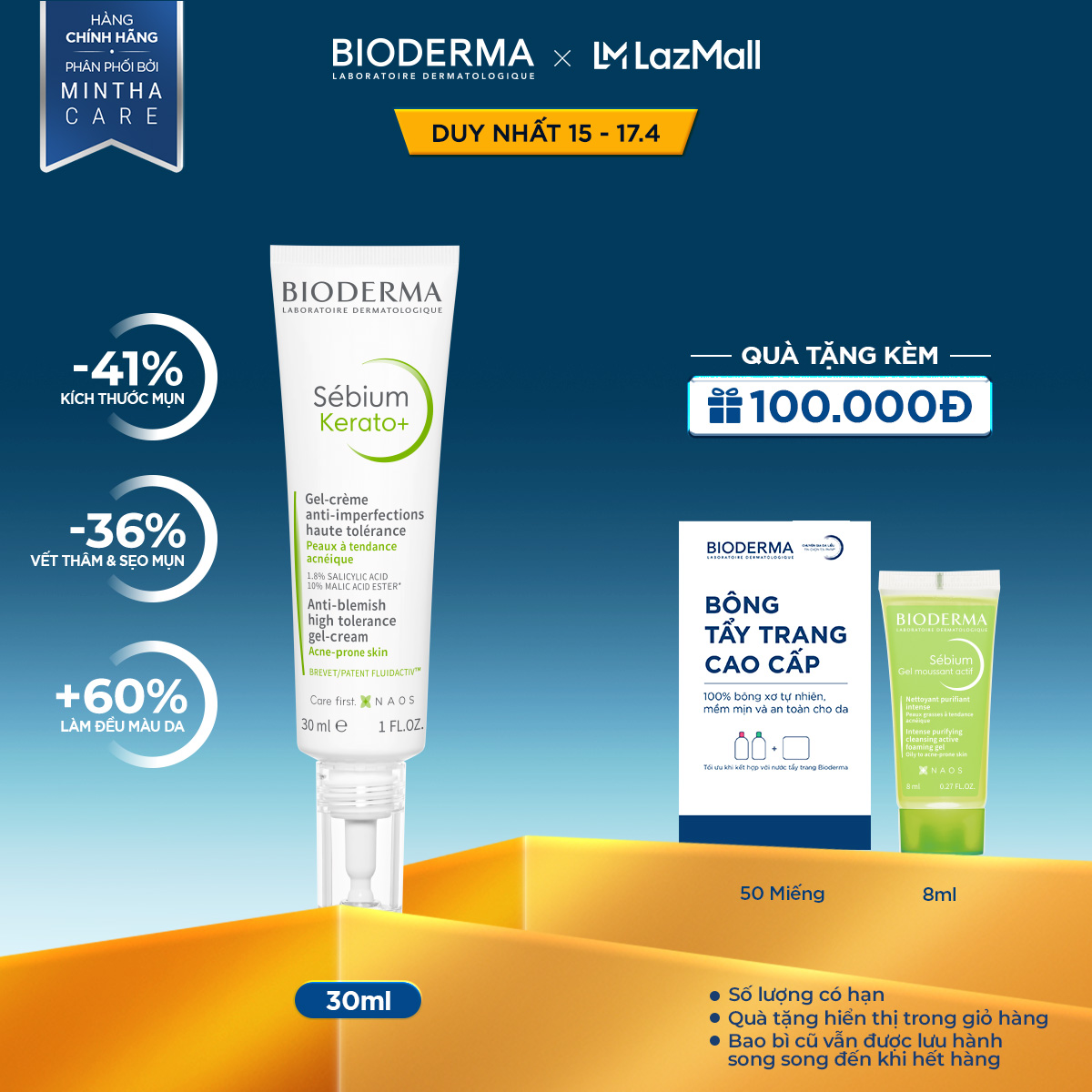 Kem dưỡng hỗ trợ giảm mụn chuyên sâu cho da mụn nhẹ đến trung bình Bioderma Sébium Kerato+ 30ml