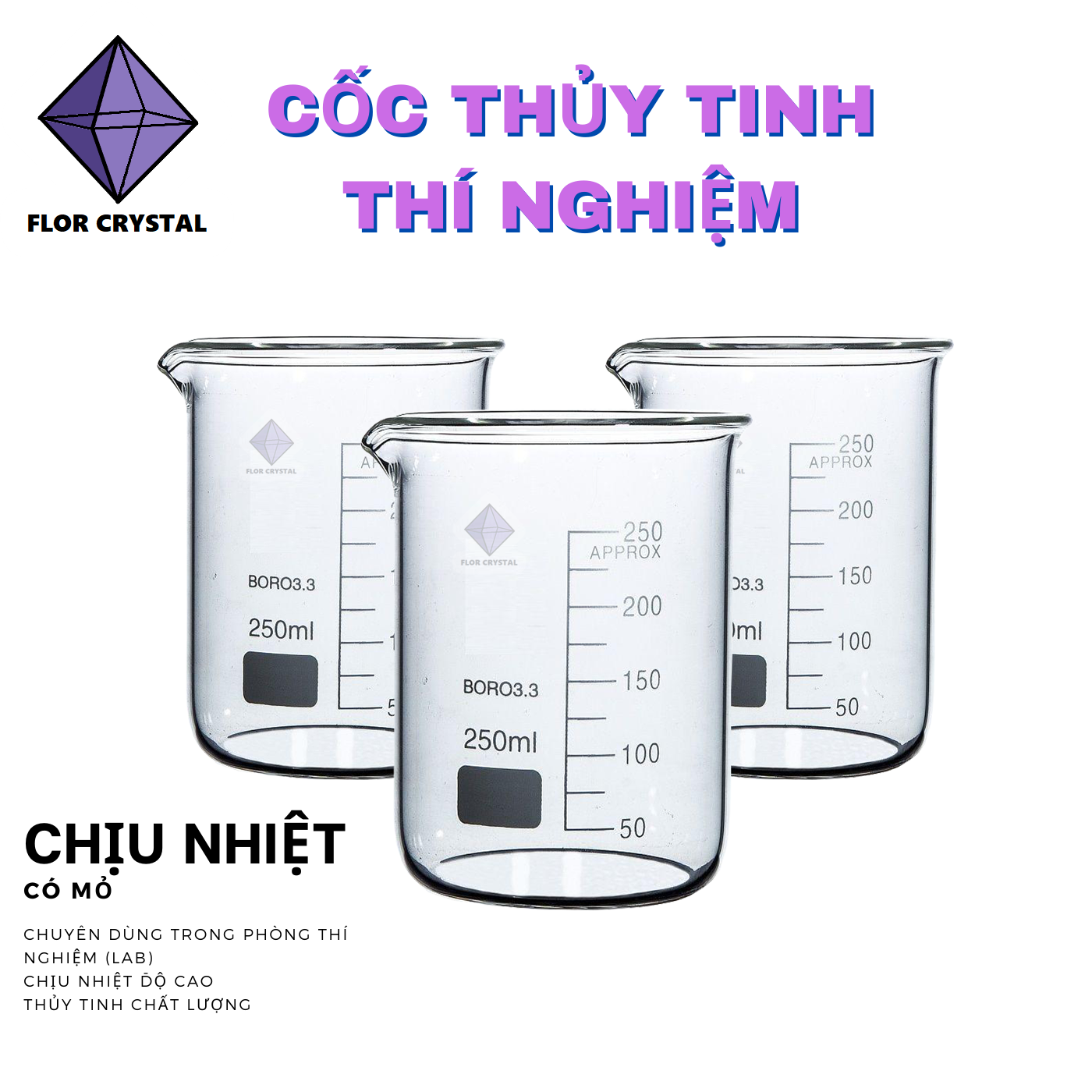 Cốc chịu nhiệt thủy tinh thí nghiệm chia vạch 50ml - 100ml - 250ml - 500ml (Beaker, Becher)