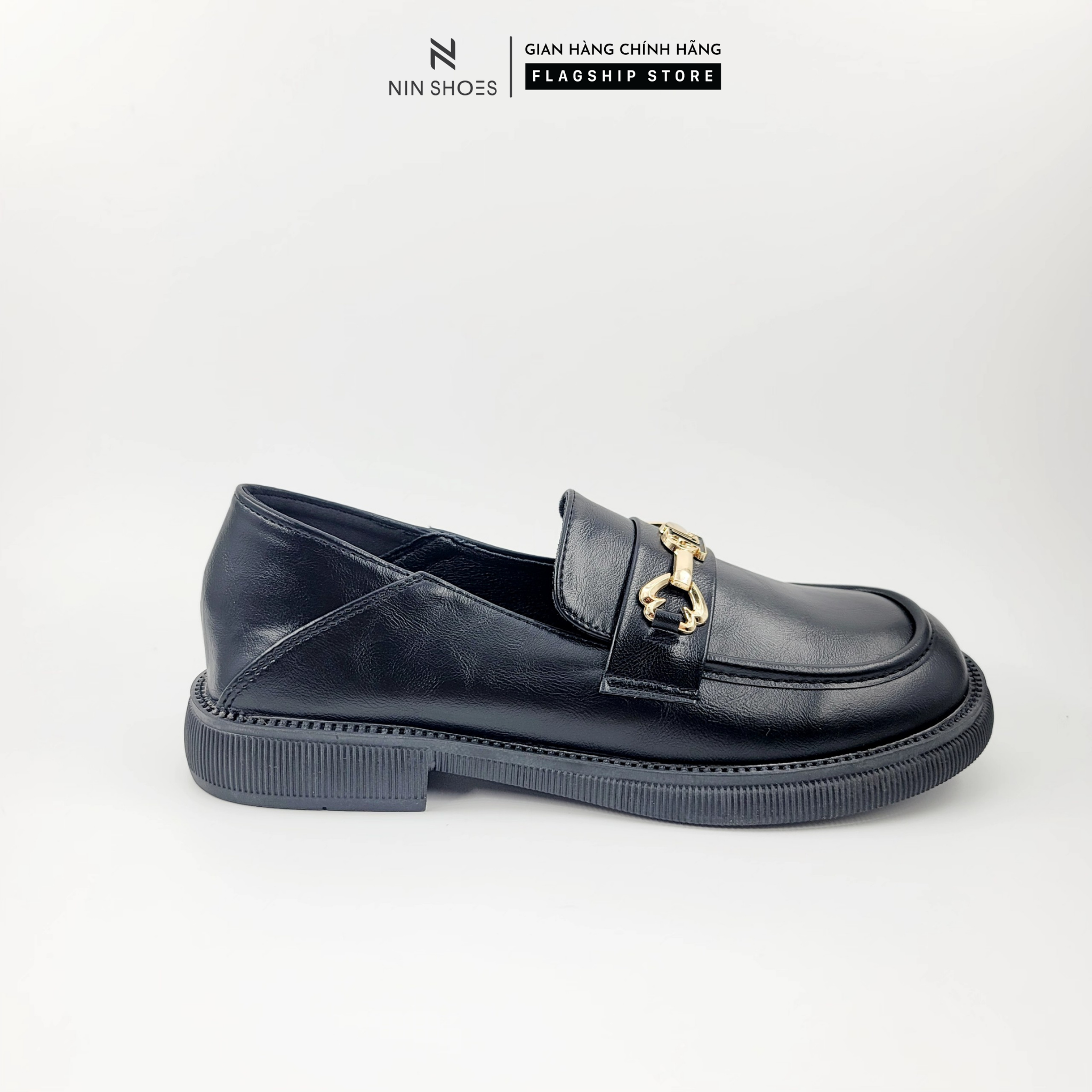 Giày bệt nữ Ninshoes - Giày oxford đế độn răng cưa mũi tròn tag xích chữ L vàng