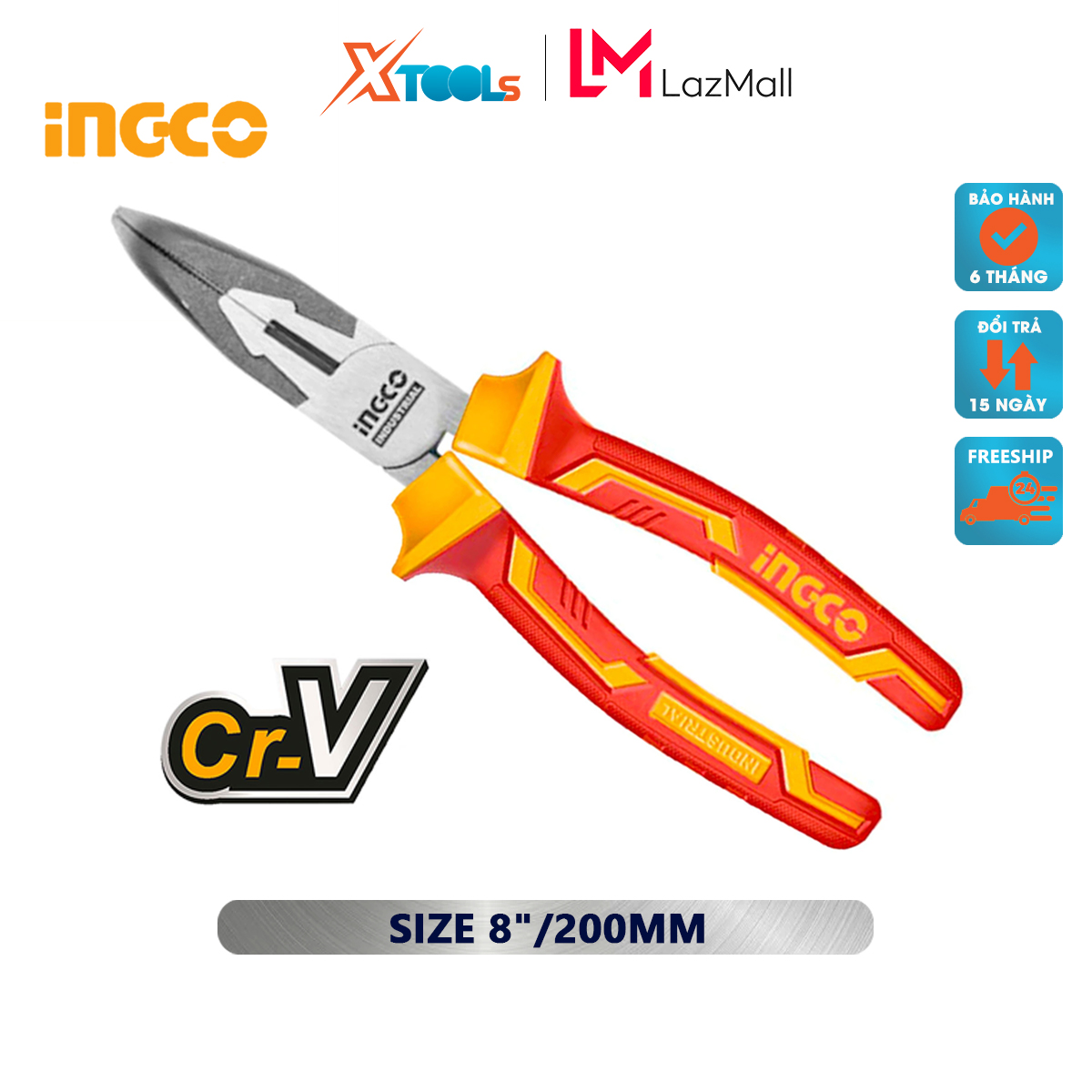 Kềm mũi cong cách điện INGCO HIBNP28208 | Kìm cắt công nghiệp Kích thước 8"/200mm Đầu kềm được đánh bóng và chống gỉ, dùng để cắt, kẹp, ghép nối các thiết bị [CHÍNH HÃNG][XTOOLs]