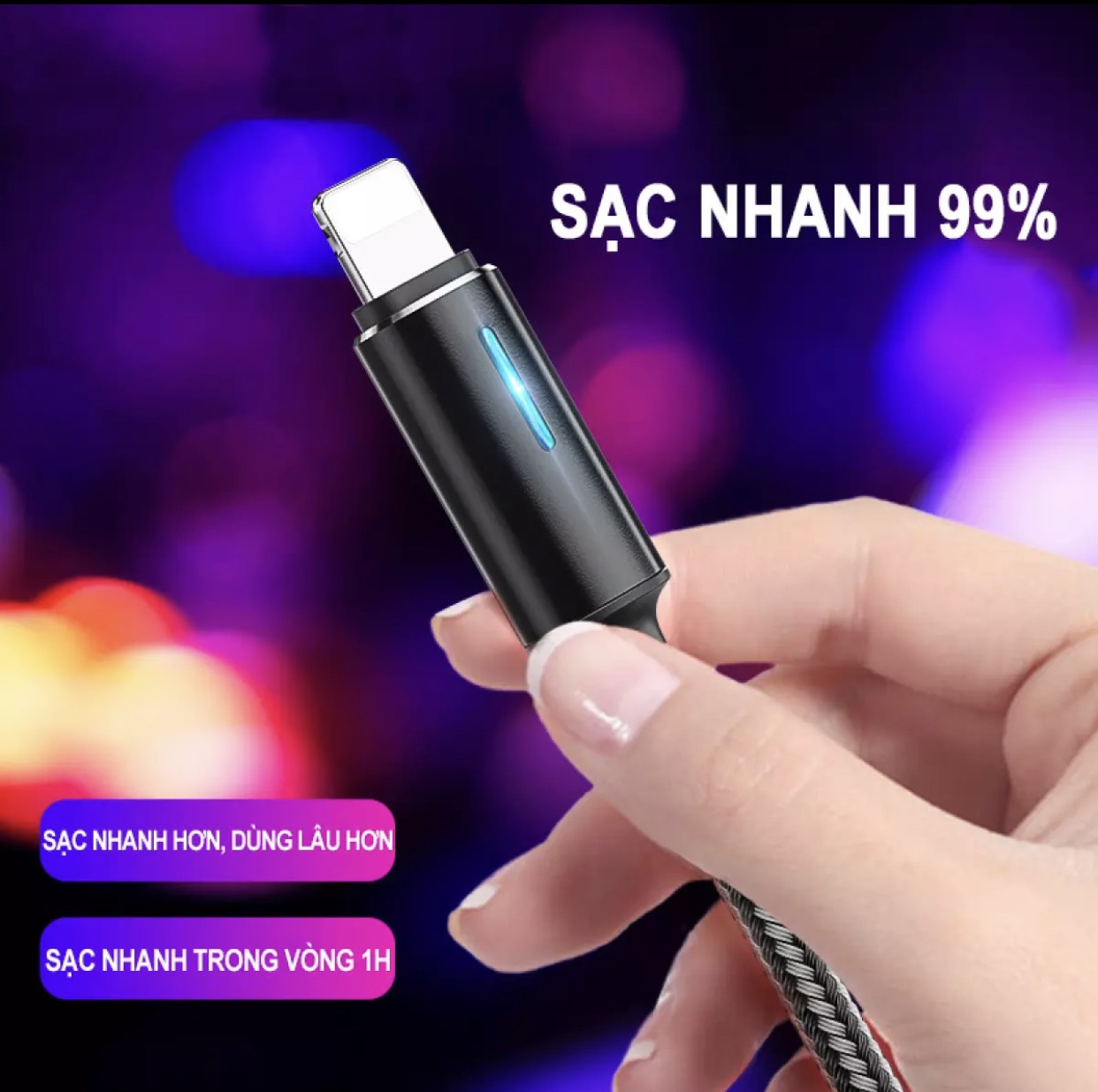 Cáp sạc iphone/Android sạc nhanh, hiển thị đèn LED dây dù siêu bền