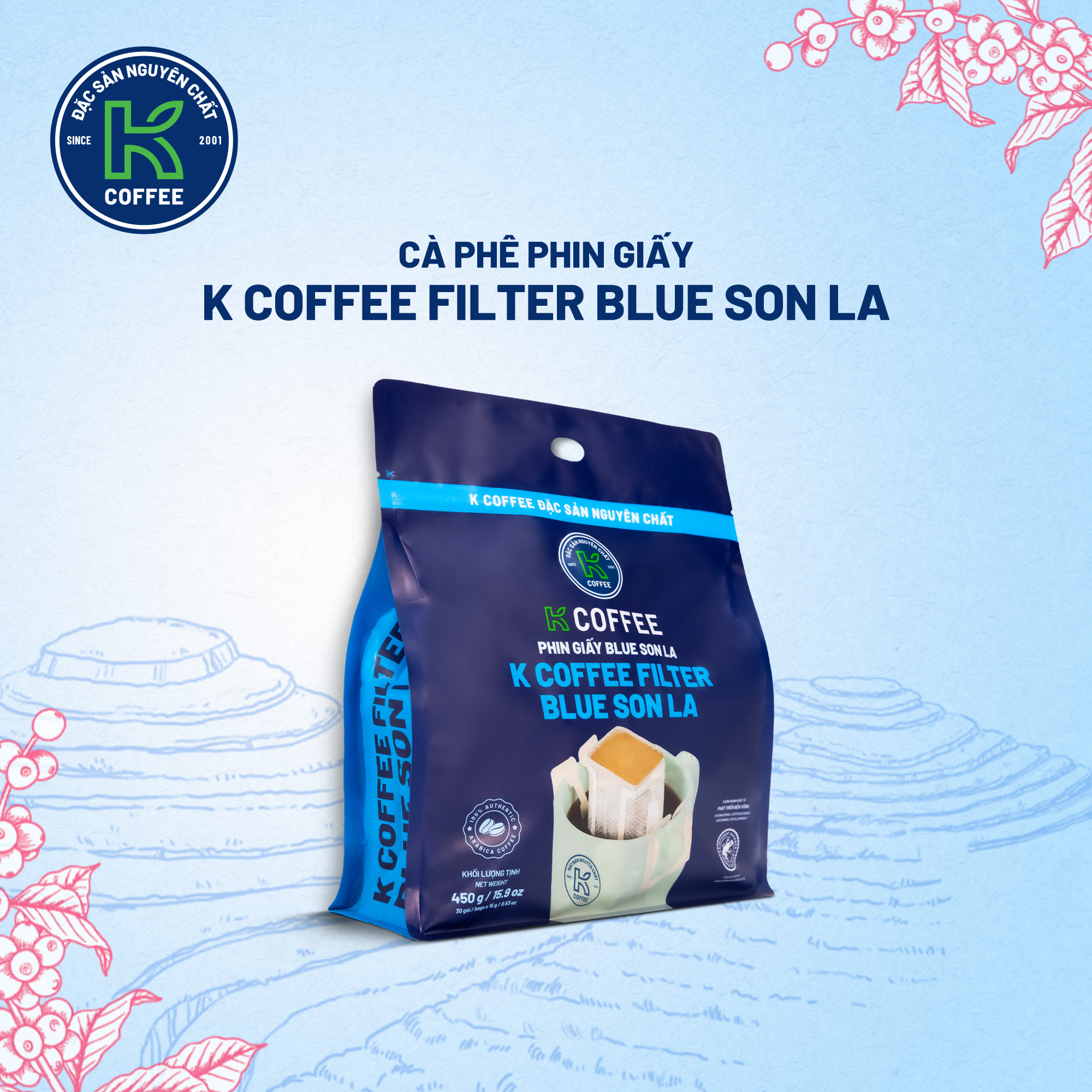 Cà Phê Phin Giấy K Coffee Filter Blue Son La 450g (100% Arabica) - Thương Hiệu K Coffee [COMBO 3 TÚI]