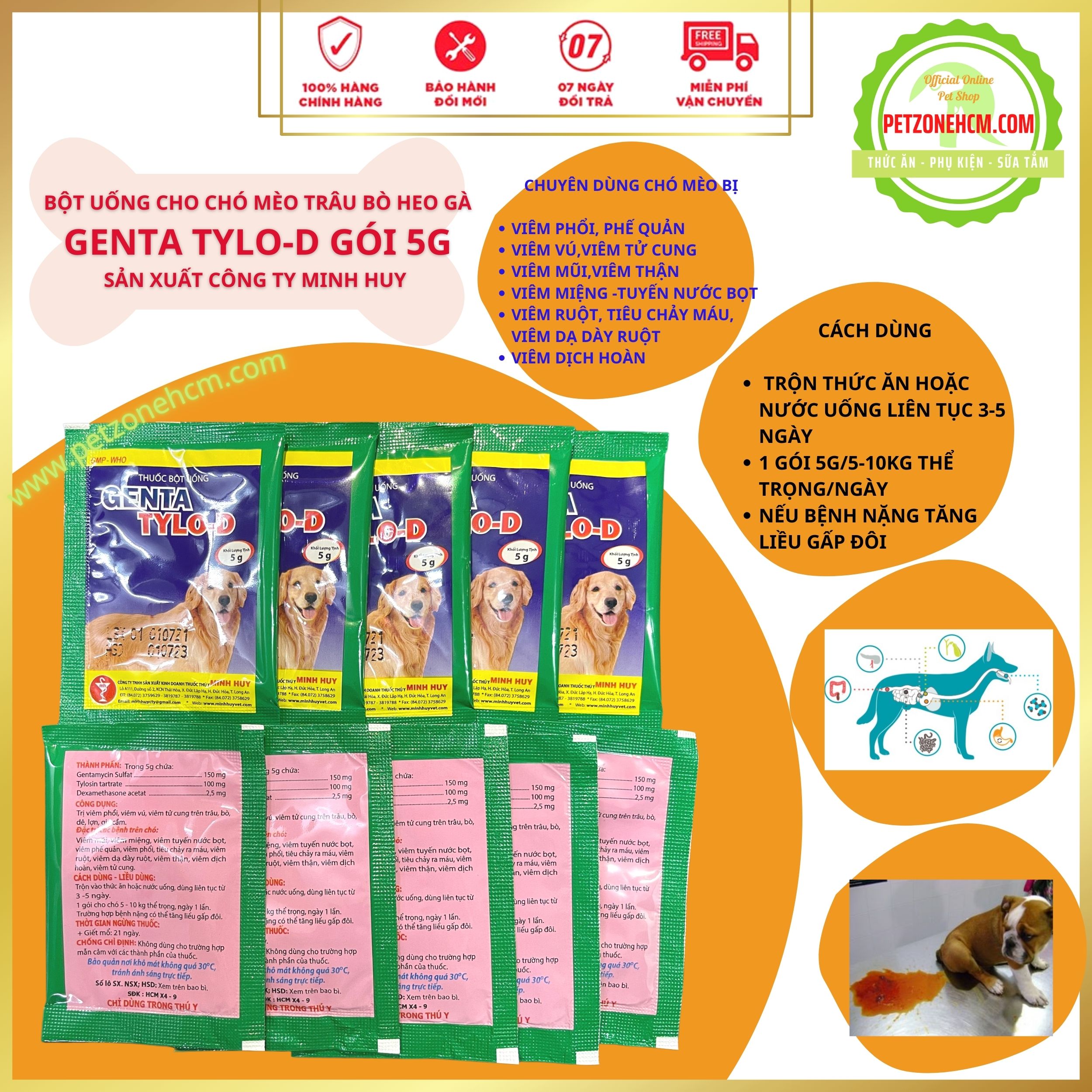 COMBO 5 gói Genta Tylo  D Minh Huy gói 5gr-   Kháng sinh đặc trị Viêm phổi - Viêm ruột tiêu chảy - ói mửa - Viêm vú - viêm tử cung chó mèo