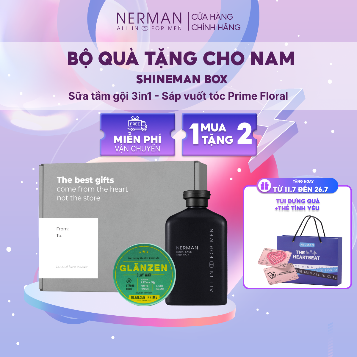 Bộ quà tặng cho nam SHINEMAN - Sữa tắm gội hương nước hoa 350ml & Sáp vuốt tóc nam Glanzen 60g