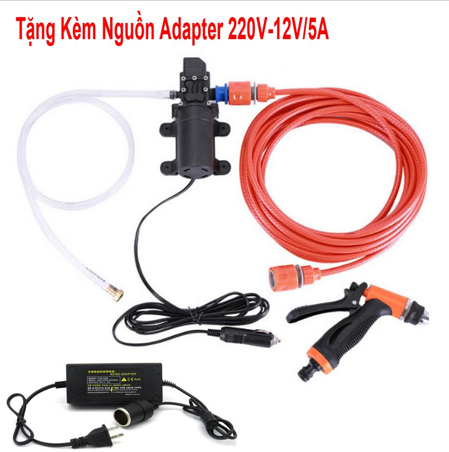 Máy rửa xe 12v máy bơm nước mini 12v tăng áp lực rửa xe máy ô tô kèm nguồn adapter có chế độ tự ngắt tn-01