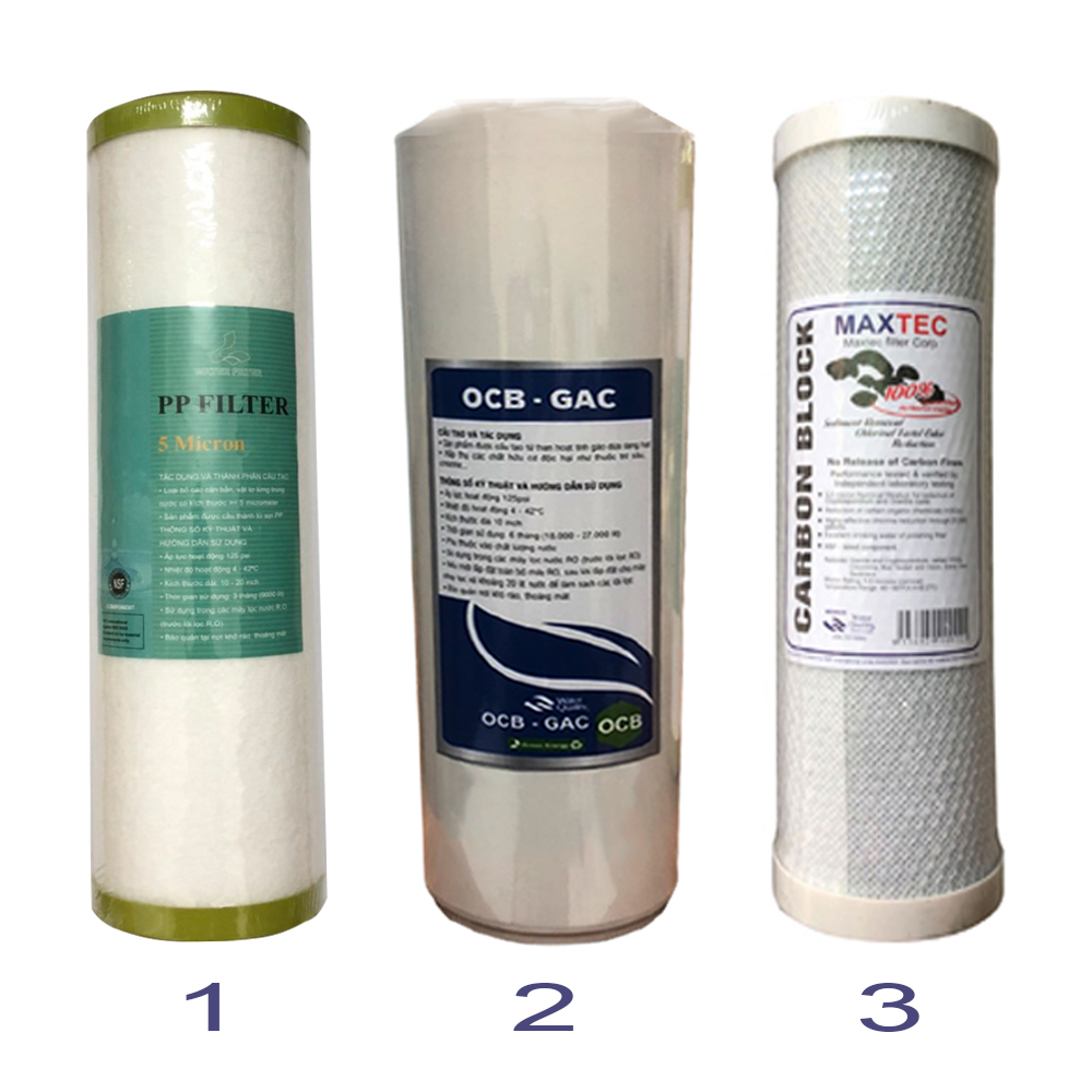 Bộ lõi lọc 1,2,3 dùng cho các loại máy RO 10 lít (PP5m+OCB+CTO)