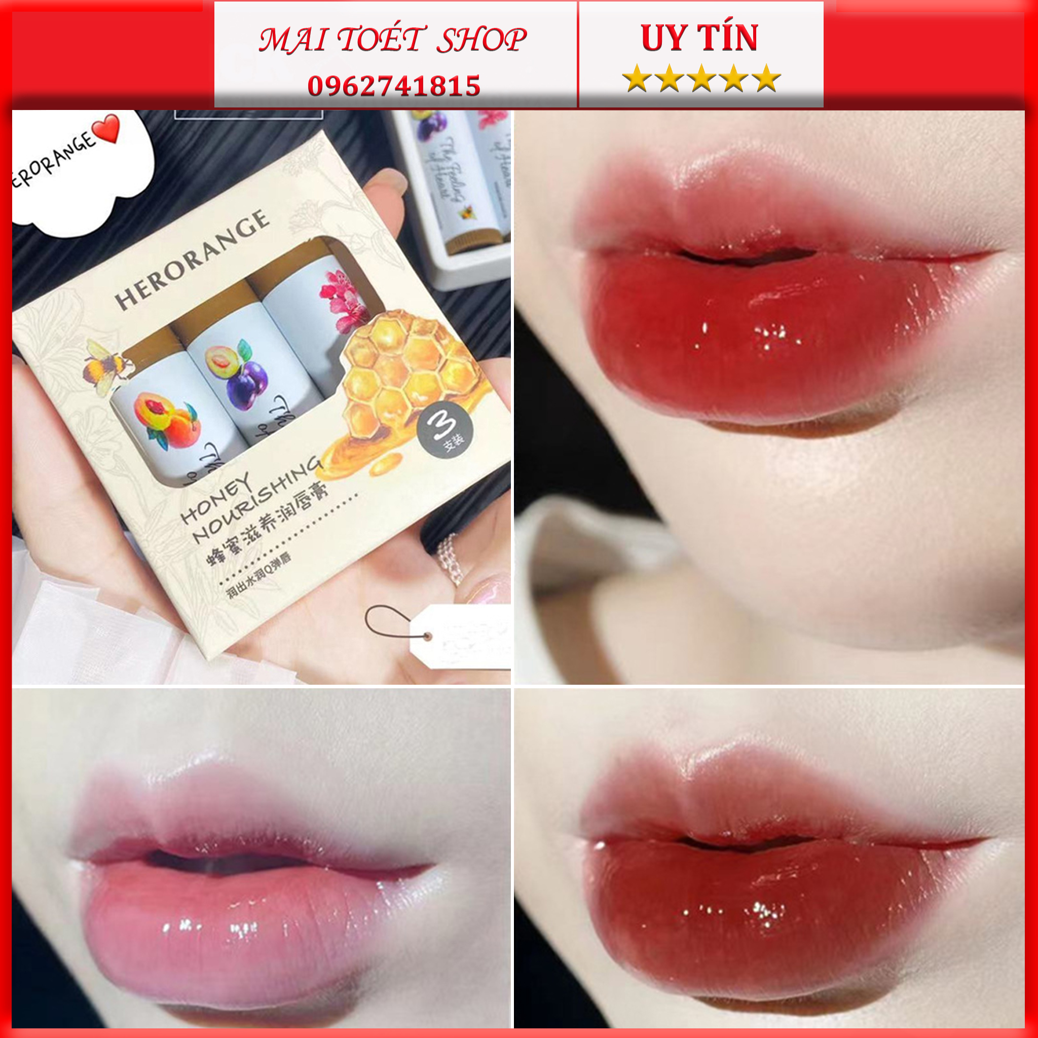 Set 3 Cây Son Dưỡng Môi HERORANGE Chiết Xuất Trái Cây 3d Độc Đáo,chất dưỡng mịn mềm môi