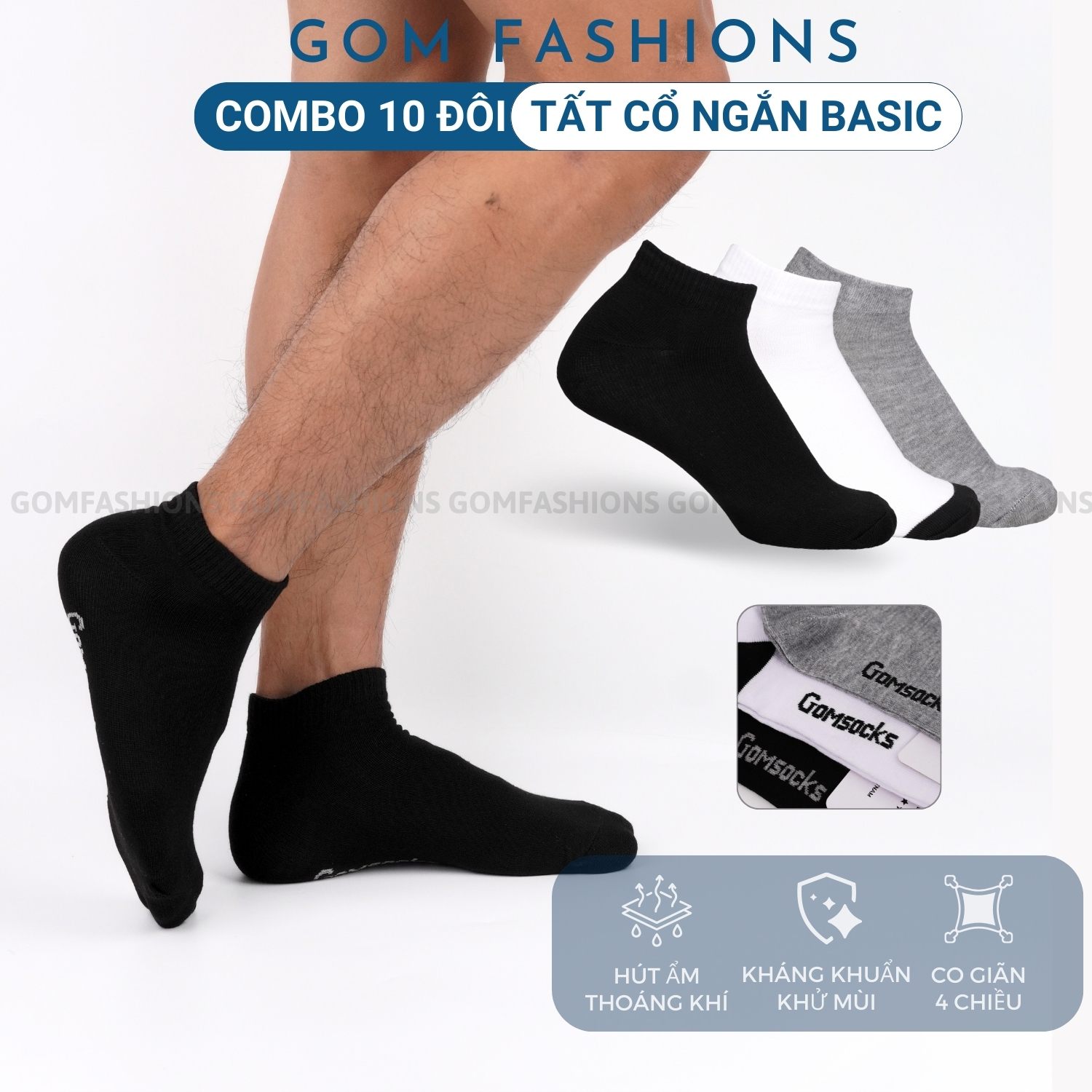 Set 10 đôi tất nam nữ cổ ngắn dày dặn, chất liệu cotton thoáng mát khử mùi - GOMSOCKS-NGAN-CB10