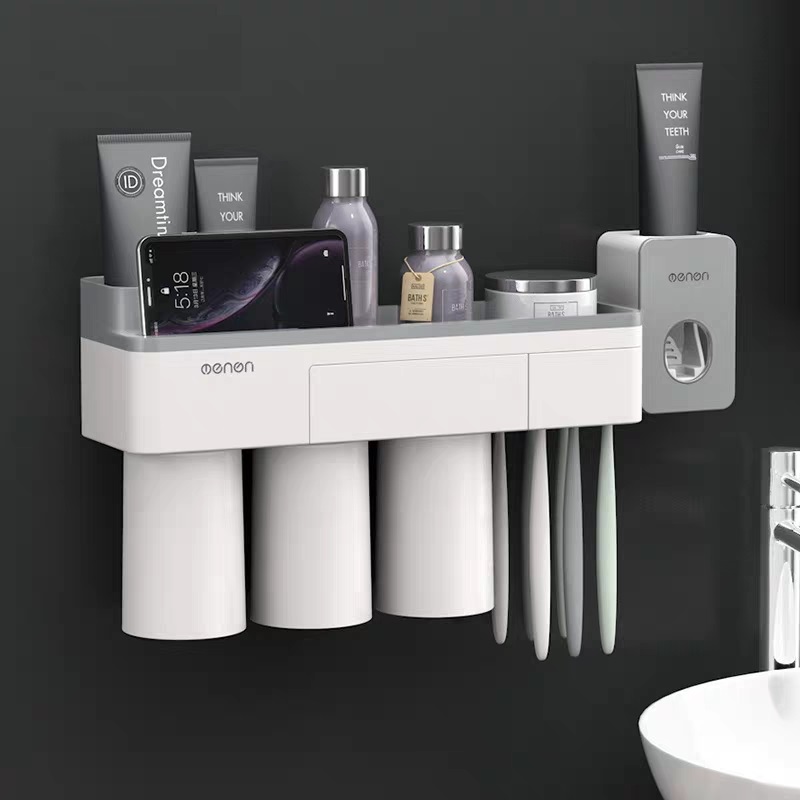 Kệ nhà tắm thông mình Oenon, giá treo đồ phòng tắm lắp đặt dính tường tặng kèm 3 cốc cao cấp hút từ tính tiện lợi