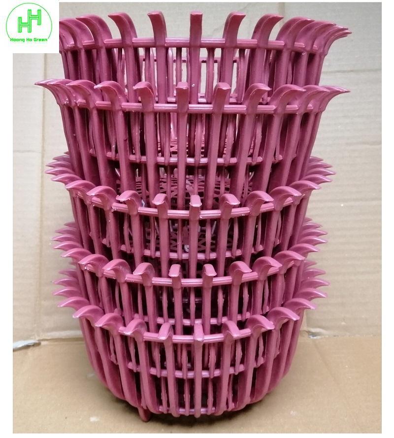 5 chậu gỉa gỗ trồng lan fi26 màu đỏ mận, hình lọng, có nan phụ
