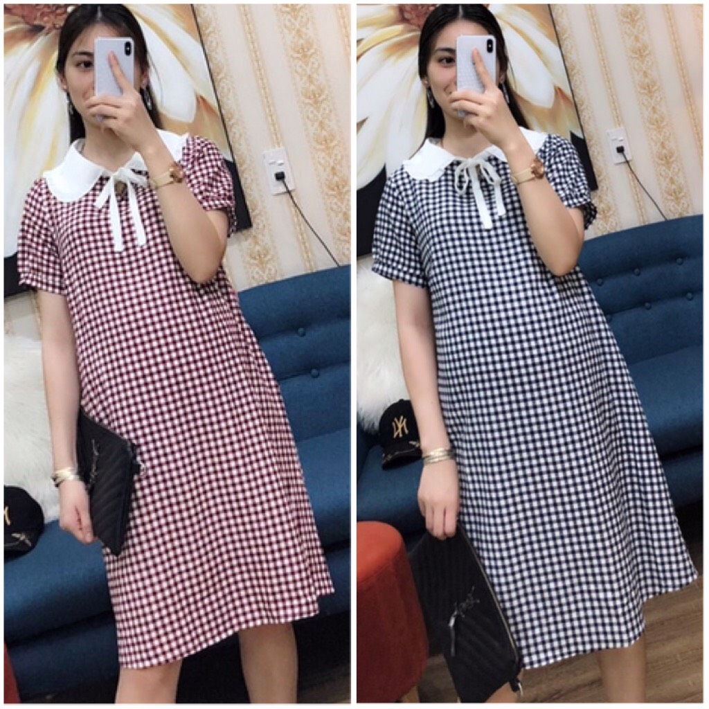Váy bầu MÙA HÈ kẻ caro cổ bèo trắng