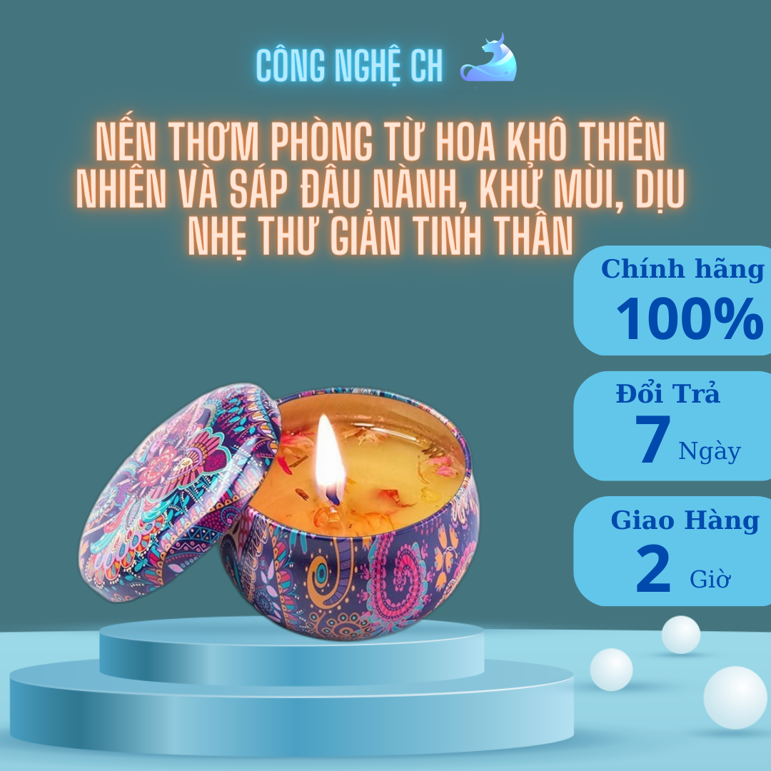 Nến thơm phòng từ hoa khô thiên nhiên và sáp đậu nành, khử mùi, dịu nhẹ thư giản tinh thần