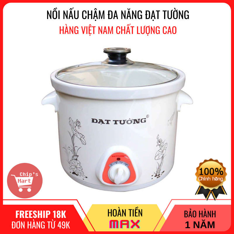 Nồi Nấu Chậm Đa Năng Đạt Tường - Lòng nồi bằng GỐM SỨ an toàn - Phù hợp nấu cháo chậm cho bé, kho thịt, cá, nấu chè hầm sương – Hàng Việt Nam chất lượng cao – Bảo hành 12 tháng