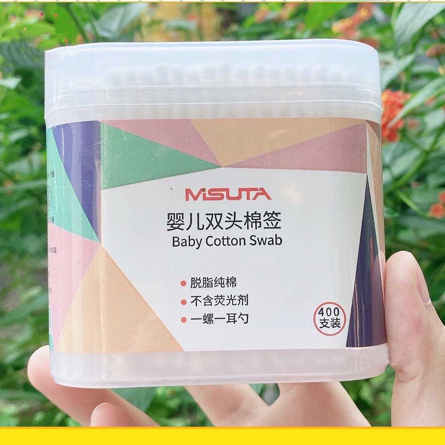 Tăm bông trẻ em người lớn MISUTA hộp 400 que 2 đầu cao cấp bông tự nhiên vệ sinh vết thương ngoáy tai mũi cho bé