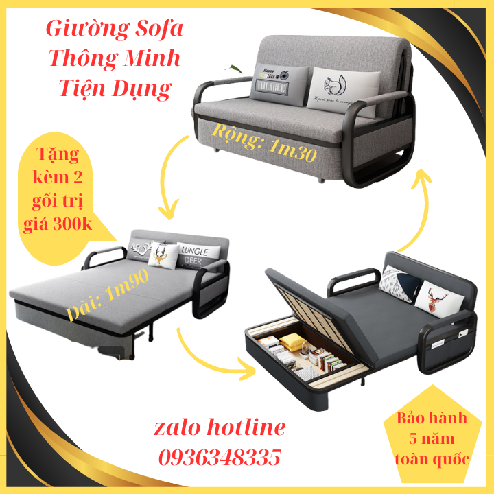 Giường Gấp Gọn Thành Ghế Sofa Giường Ngủ Đa Năng Nệm Bọt Biển Tự Nhiên Có Ngăn Chứa Đồ Tiện Dụng Khung Thép Chịu Lực Kích Thước 1m30 x 1m90