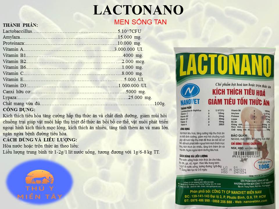 Men tiêu hóa Lacto Nano cho gà, vịt, heo, trâu bò 100g x 10gói