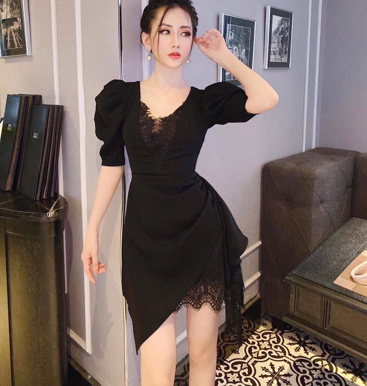 Đầm nữ cổ V phối ren màu đen , váy đầm nữ dự tiệc DR1001