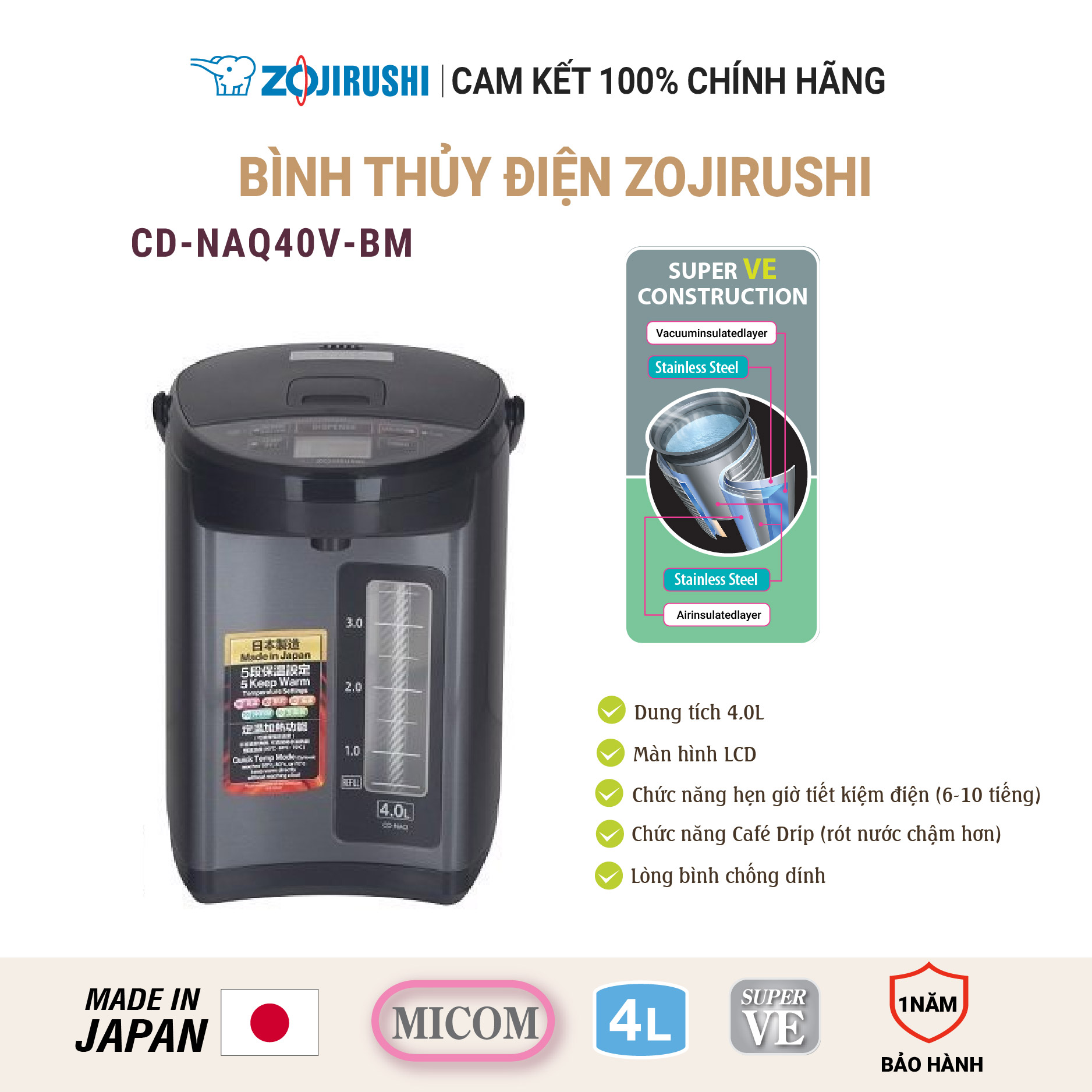 Bình thủy điện Zojirushi 4lit CD-NAQ40V-BM, sản xuất tại Nhật Bản, bảo hành 1 năm chính hãng