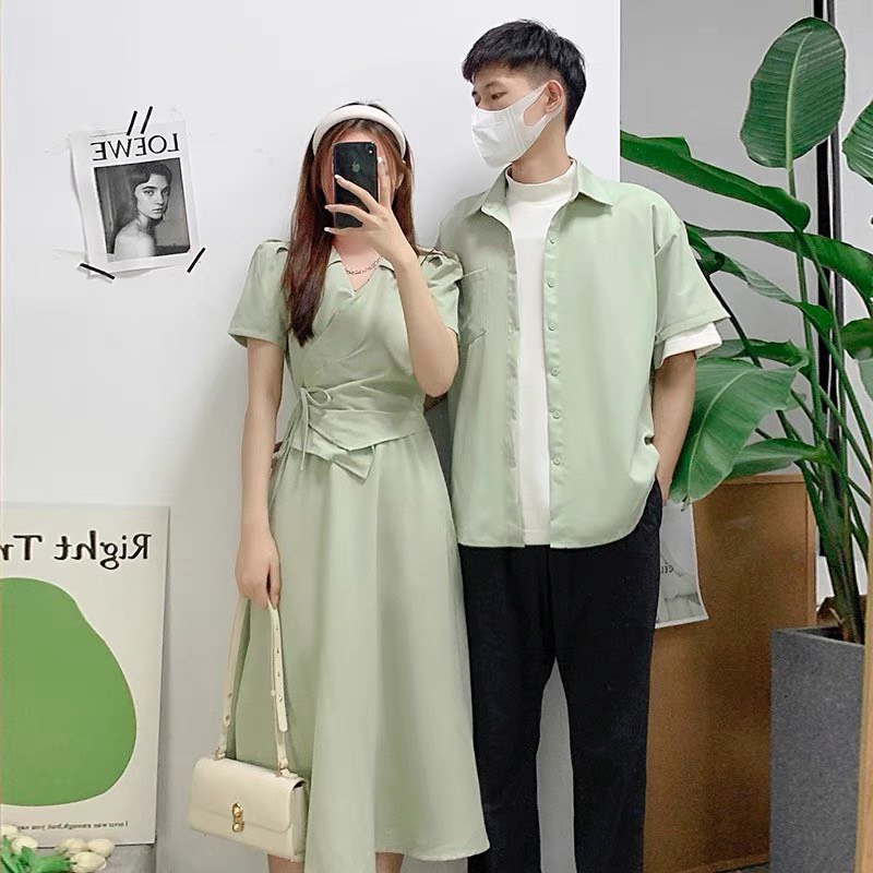 Set đồ đôi nam nữ áo sơ mi nam + đầm nữ phong cách hàn quốc