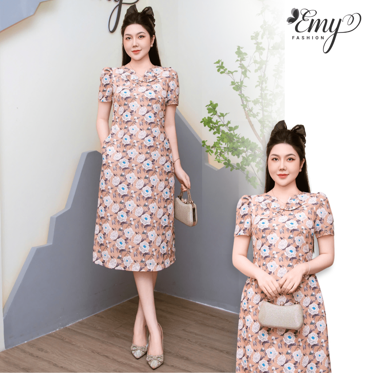 Đầm Suông Dạo Phố Vải Lụa In Hoa Nền Nâu Hoa Trắng EM9592 - Váy EMY
