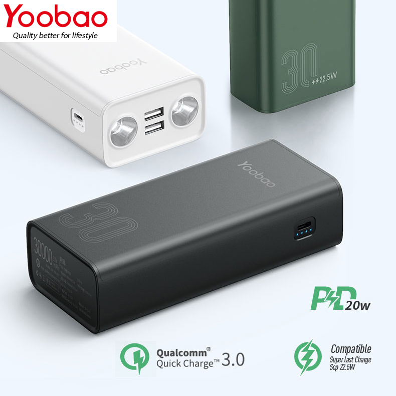 Pin dự phòng yoobao l30q dung lượng 30000mah sạc nhanh pd 20w qc 22.5w cho điện thoại, tích hợp đèn pin - màu đen