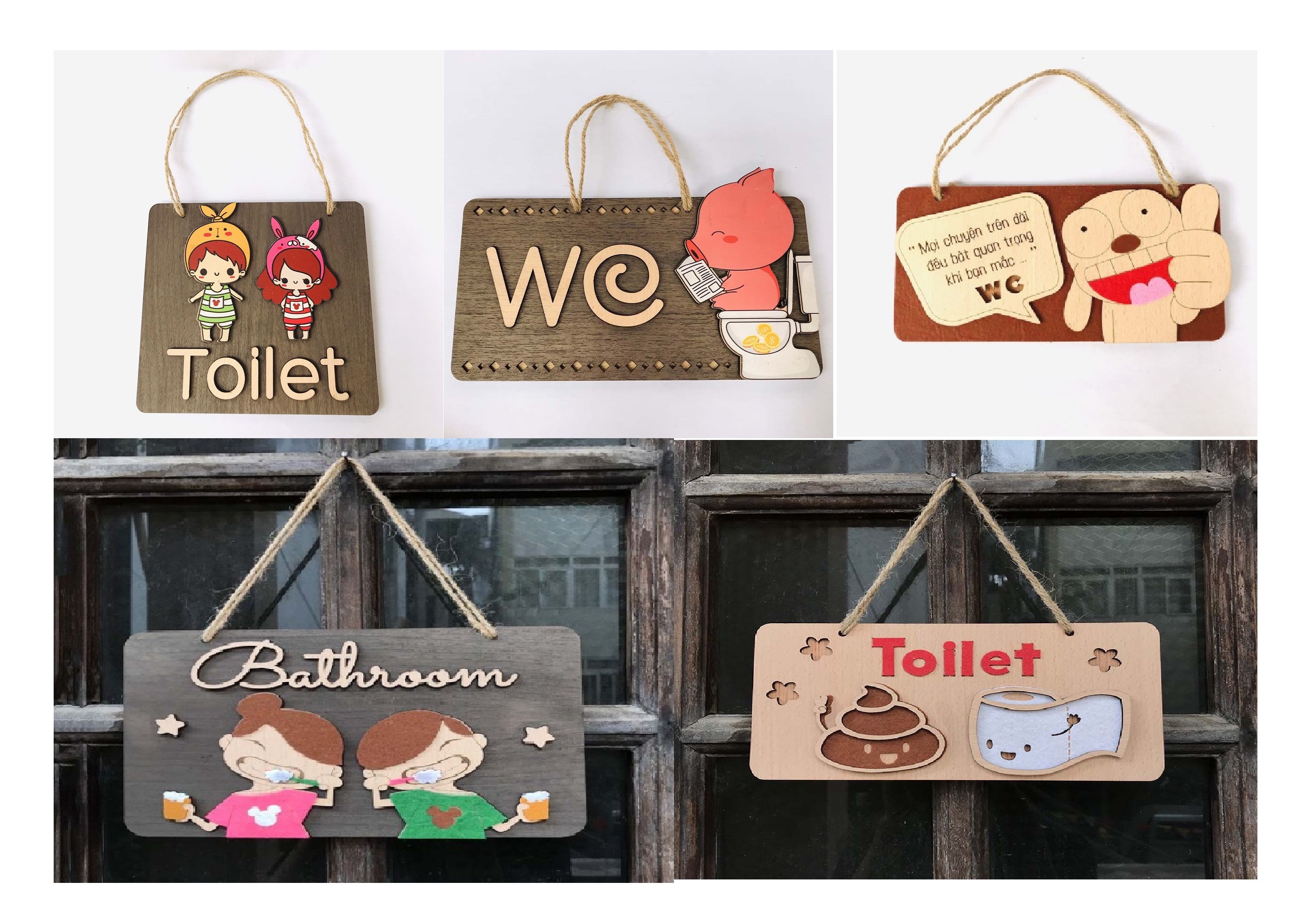 Biển treo cửa gỗ Toilet cho nhà tắm ngộ nghĩnh