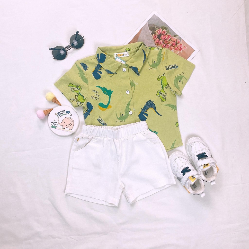 Set áo sơ mi hình thú quần linen cho bé trai mùa hè 8-17,5kg