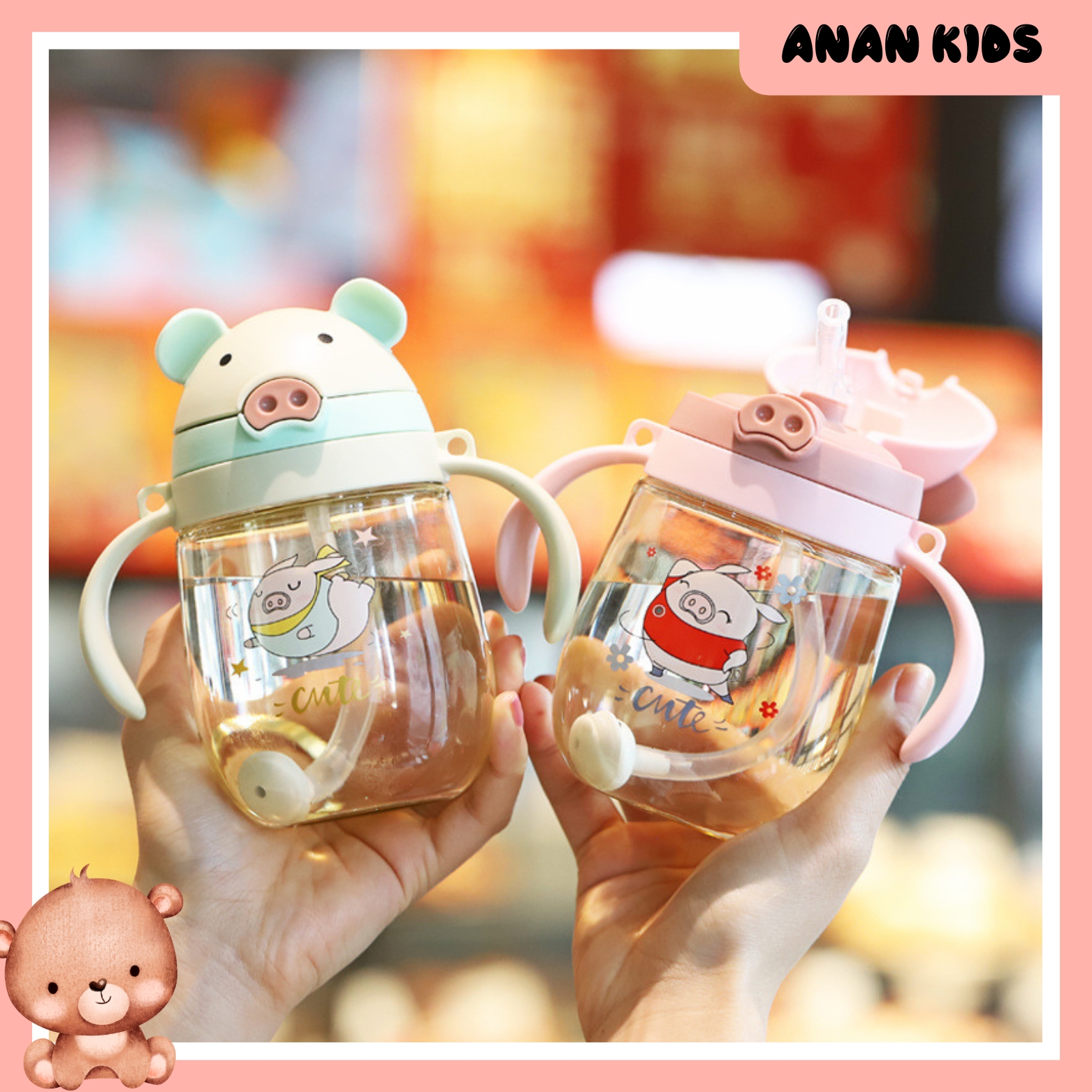 Bình tập uống nước hình lợn 350ml an toàn cho bé, có tay cầm và dây đeo tiện lợi