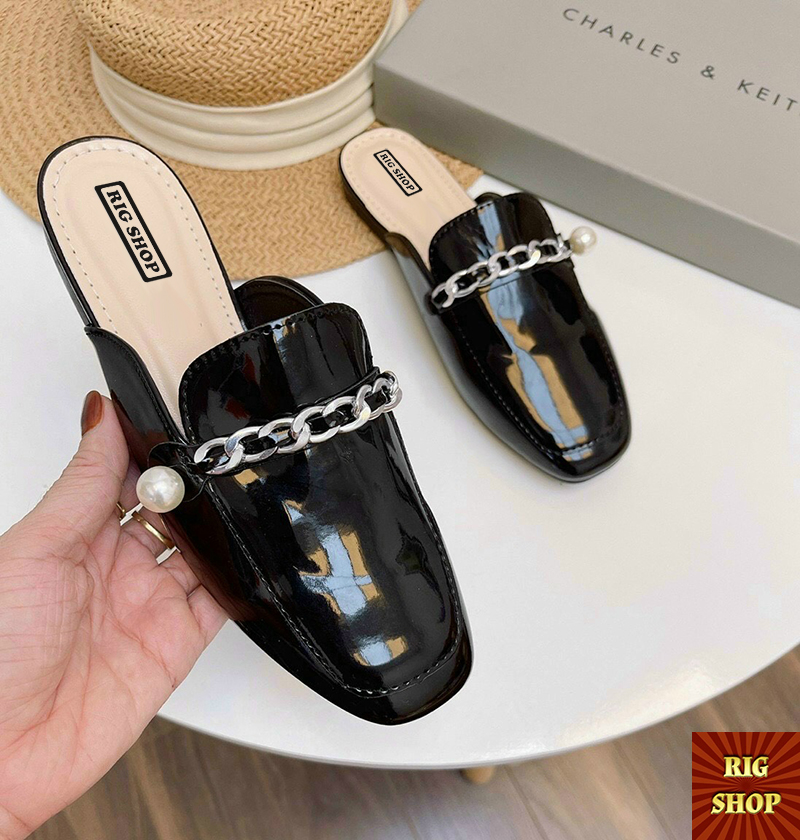 [FORM NHỎ - TĂNG 1 SIZE] GIÀY SỤC MŨI VUÔNG DA BÓNG RIGSHOP THIẾT KẾ CHUỖI XÍCH ĐUÔI GẮN NGỌC SIÊU XINH