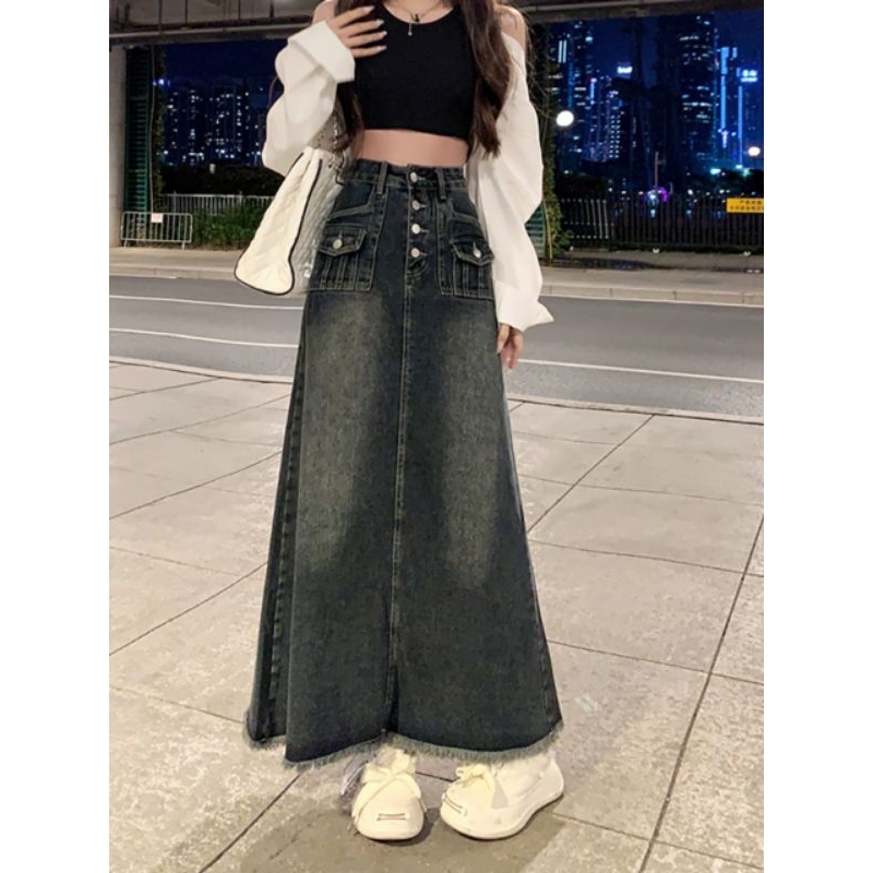 Chân váy jean [ chân váy chữ a dáng dài] Q thiết kế hàng cúc nổi bật hách dáng