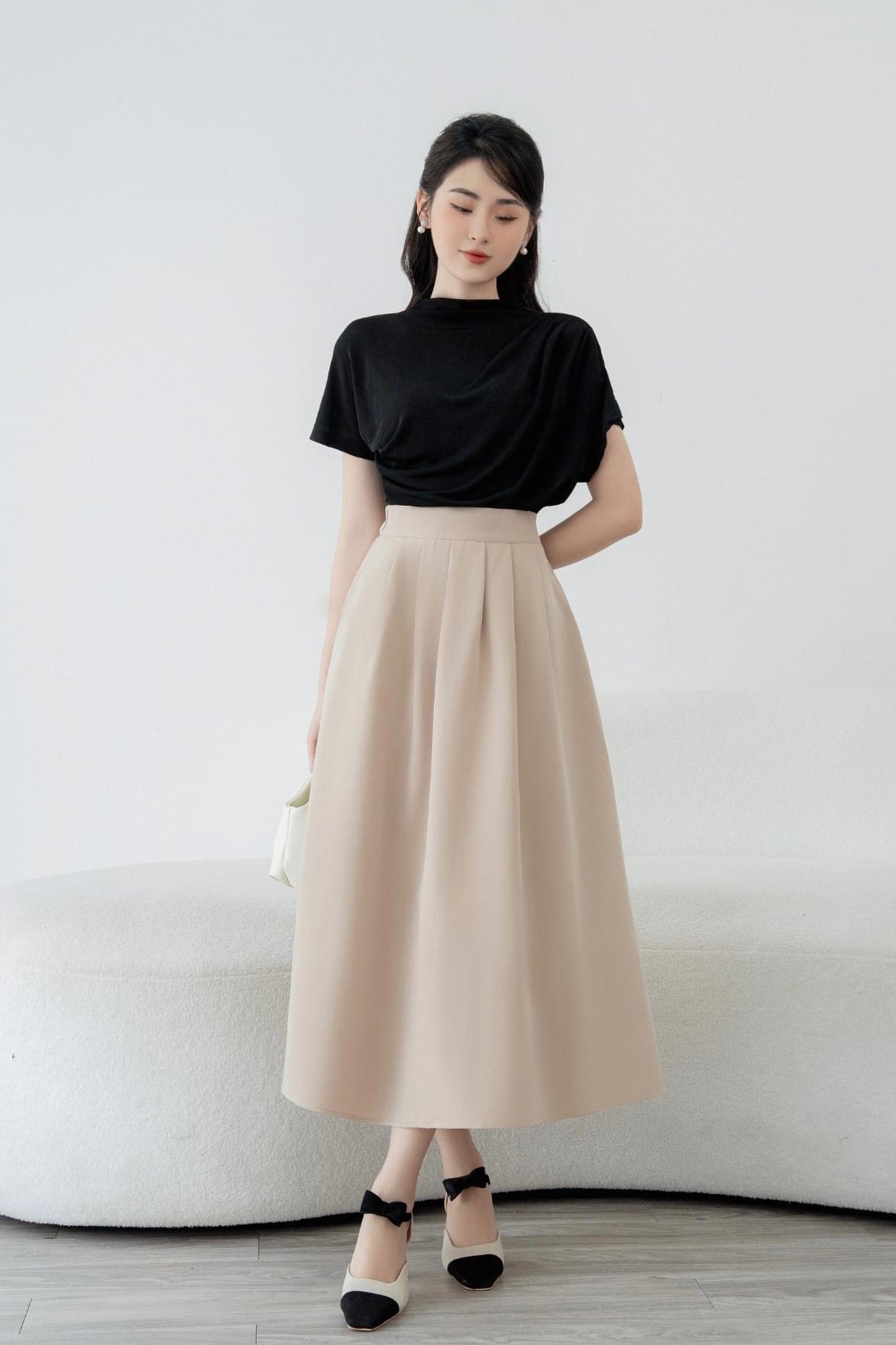 Tiinstore chân váy dáng dài xoè xếp ly chun sau gc23123