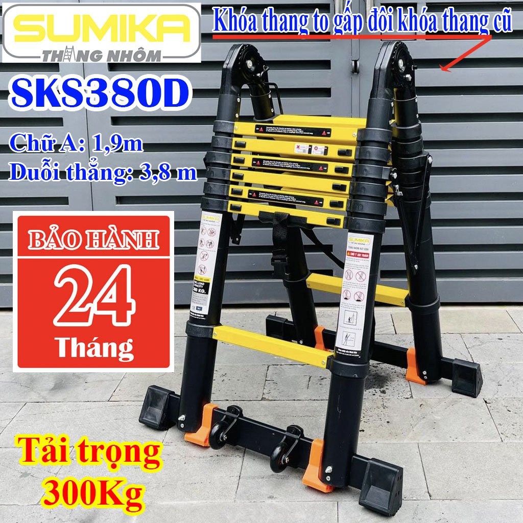 Thang chữ a, thang nhôm rút đôi xếp gọn sumika chữ a: 1.9m - chữ i: 3.8m sks380d new sơn tĩnh điện - tải trọng 300kg - bảo hành 24 tháng