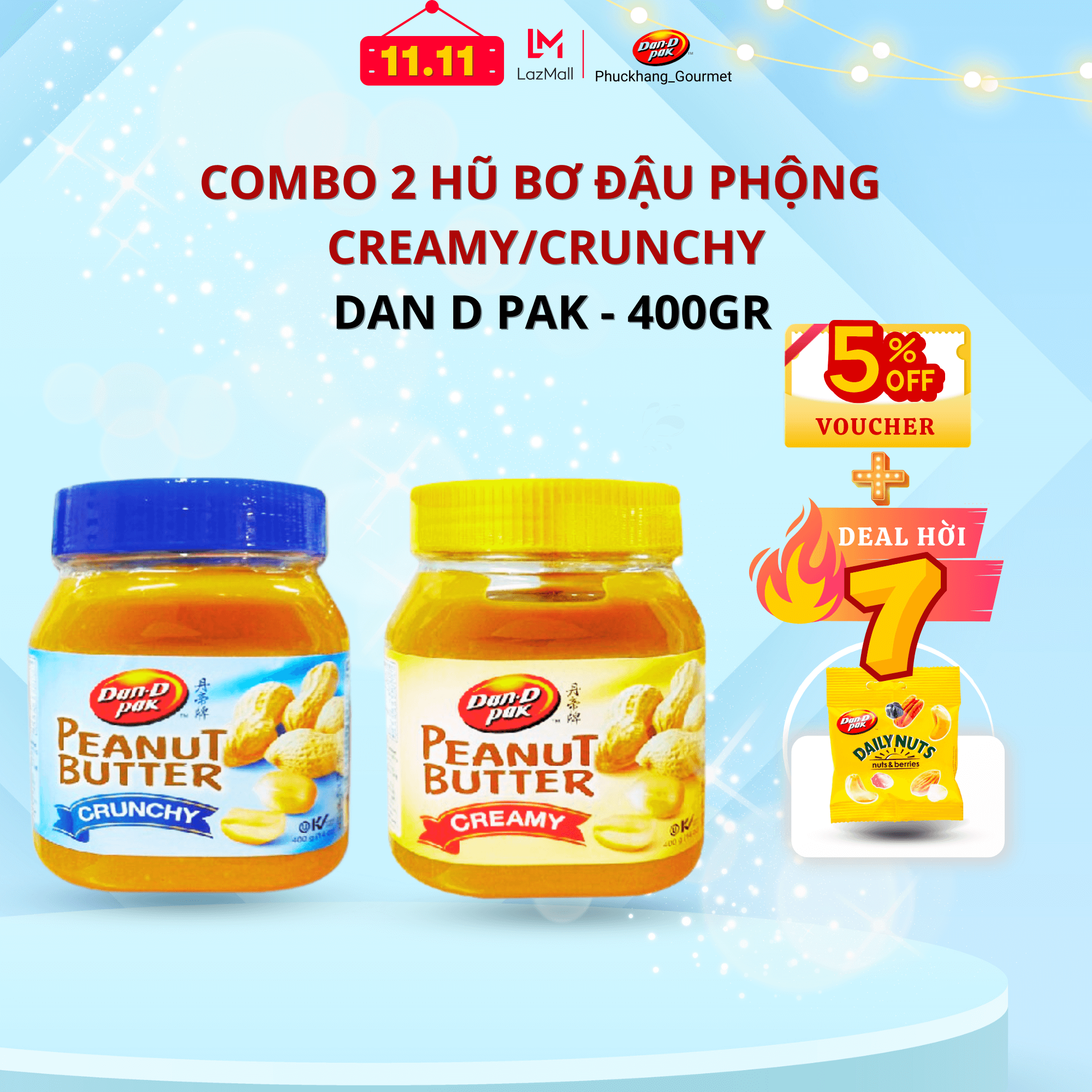 Combo 2 hũ bơ đậu phộng Creamy + Crunchy 400gr Dan D Pak, Bơ đậu phộng đặc, dùng ăn kiêng, làm bánh, salad, sinh tố, tốt cho sức khoẻ, tiêu chuẩn quốc tế