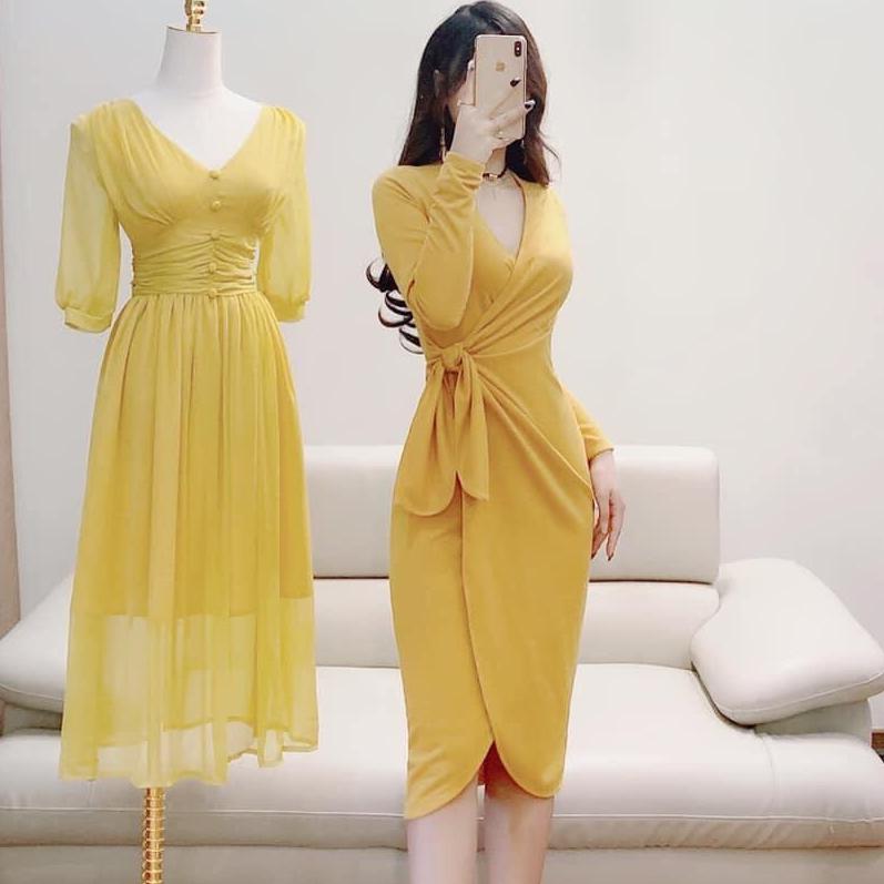 Đầm body thiết kế vàng xoắn eo chất len tăm cao cấp