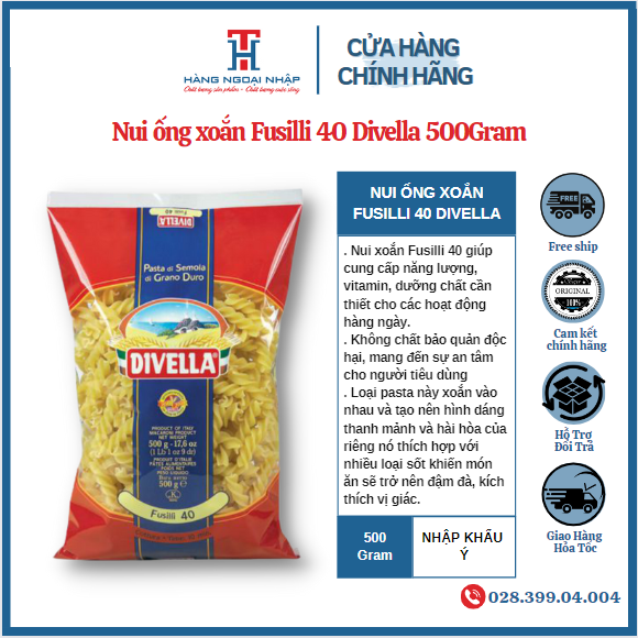 Nui ống xoắn fusilli 40 divella - 500gr