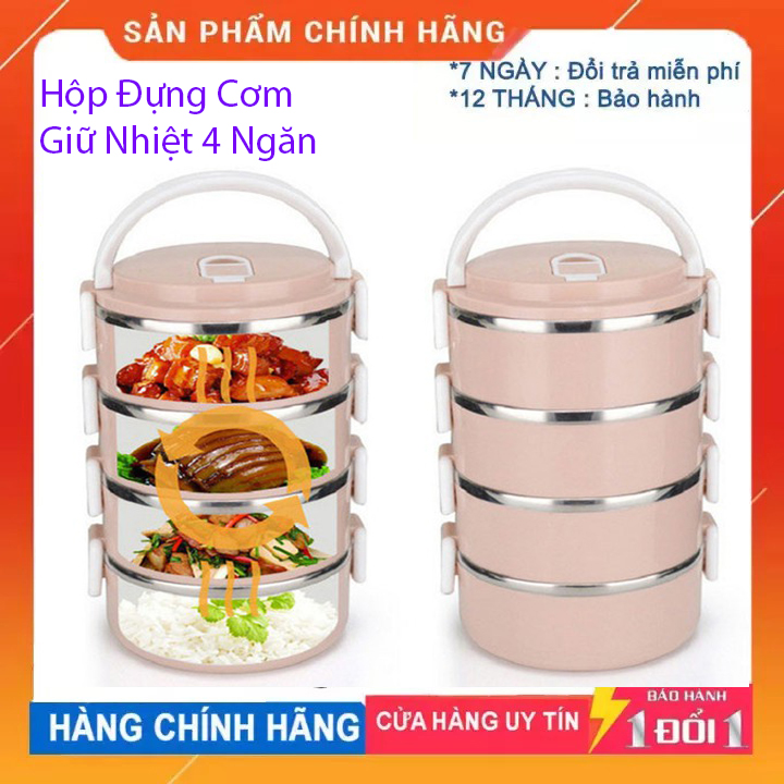 Hộp đựng cơm lúa mạch 4 tầng cao cấp bên trong bằng inox giữ nhiệt , camen cặp lồng giữ nhiệt thức ăn 4 tầng