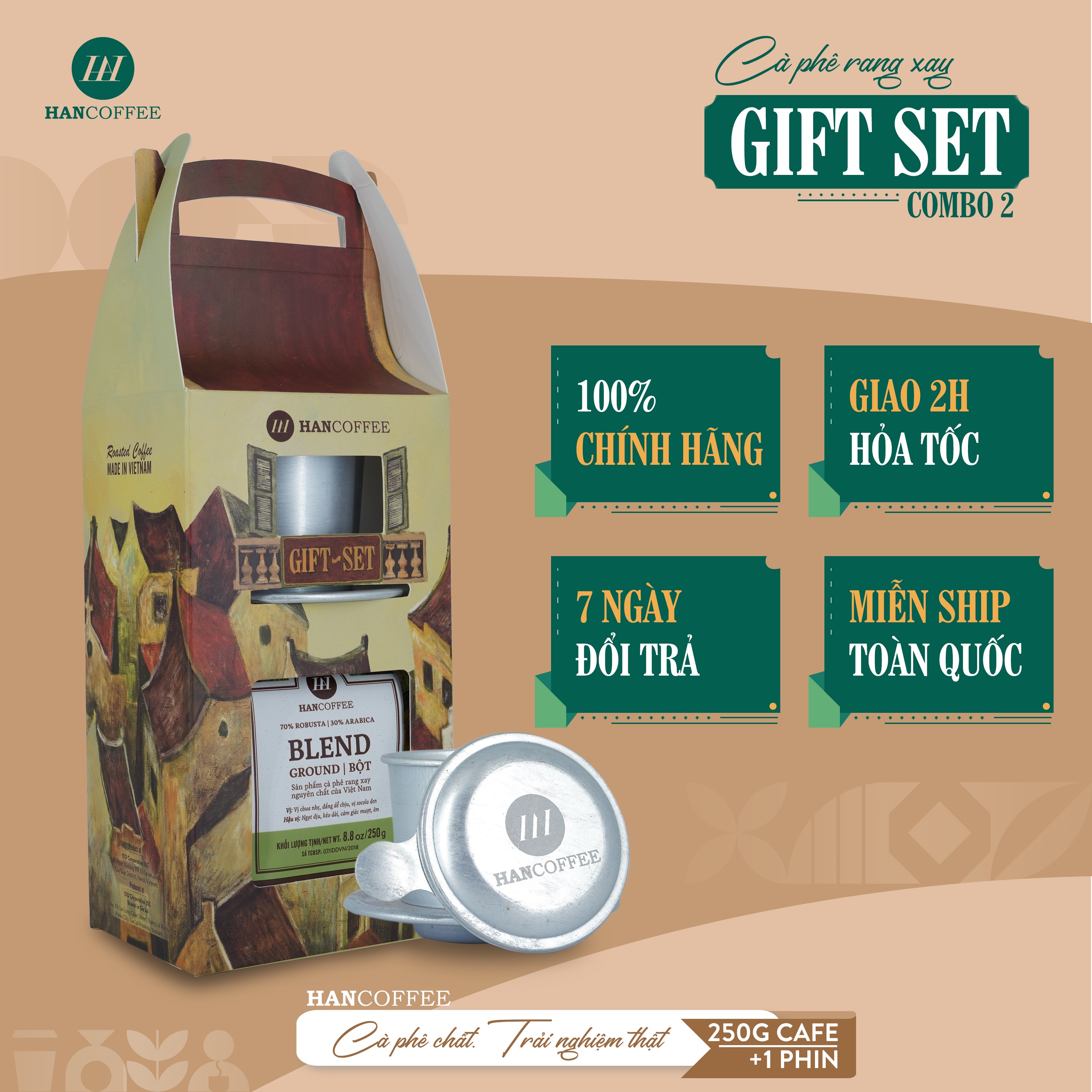 Cà phê phin HANCOFFEE hộp Gift Set combo cà phê Blend túi 250gr + Phin