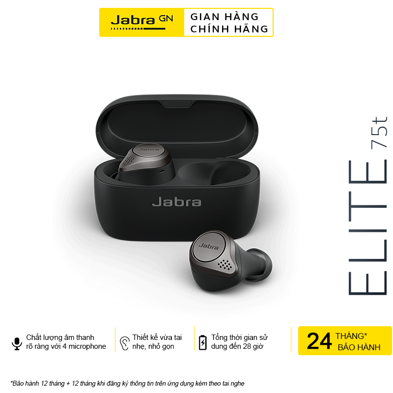 Tai Nghe Bluetooth True Wireless Jabra Elite 75T  Thương hiệu Đan Mạch  Chống Nước IP55  4 microphone  Công Nghệ Chống Ồn ANC  Nghe Nhạc Lên Đến 28H  Hàng Chính Hãng